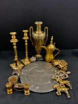 Metal ware including brass Dallah coffee pot, a pair of large candlestick, 35cm high, pressed art