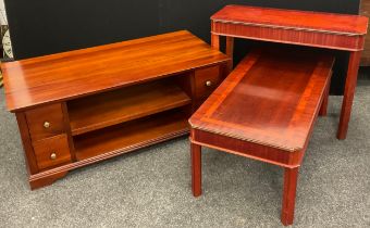 A mahogany coffee table, with four small drawers and shelving to each long side, 50cm high x 123cm x