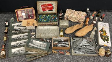 Boxes and objects - an quantity of vintage glass marbles, vintage toys, photographs, alcohol