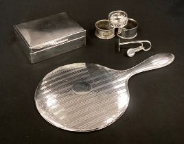Mixed silver including hand mirror, napkin rings, silver mounted box; etc