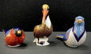 Royal Crown Derby Paperweights - Blue Jay, and Brown Pelican, gold stoppers, and Bullfinch, silver