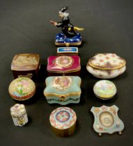 A Japanese bronze and brass pill box, micromosaic picture frame, Chinese enamel pill boxes, others