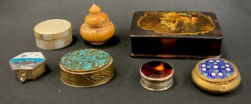 A 19th century papier-mâché scribes box, silver tortoiseshell effect pill box, Mexican 925 silver,