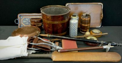 Boxes and Objects -Brass bound coal bucket, other; shooting stick, copper warming pan, 20th