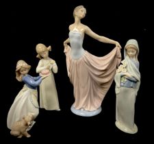 Lladro figures including 'Lady in long dress', 30cm high, 'Girl with dog'; others (4)