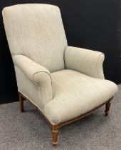 A French Style upholstered walnut low armchair, 94cm high (37cm seat height) x 74cm wide.