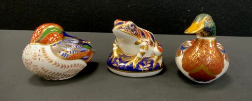 Royal Crown Derby Paperweights - Male Mallard, gold stopper, Sleeping Teal, and Frog, silver