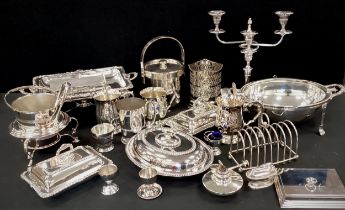 Silver plate - candelabra, 35cm high, entree dishes, mugs, toast rack; etc