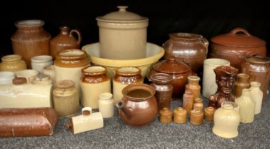 Salt glaze stoneware including lidded pot,26cm high and 35cm, Nawell's brick foot warmer, flagons,