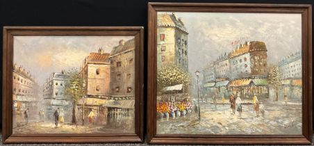 Caroline Burnett, Parisian Street Scene with figures, signed, oil on canvas, 51cm x 60cm; another,