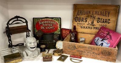 Boxes and Objects - Advertising including; Amidon E.Verley Curs Blanc Grand Prix 1900 wooden box,