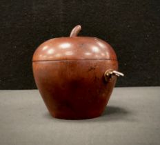 Wooden apple tea caddy, hinged lid and key present, 12cm high