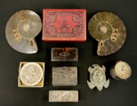 Boxes and Objects - an ammonite fossil, cut into two halves, and polished, each 16.5cm; a small