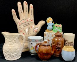 Ceramics - a 19th century salt glazed lidded pot, relief moulded decoration, 14cm high, other tea