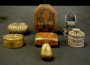 Boxes - An Edwardian silver throne shaped stamp blotter, London 1901, others brass egg Shaped