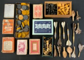 Boxes and Objects - carved wooden chess sets, card games, feather darts; etc