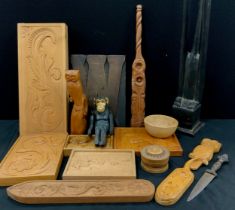 Treen - carved wooden plaques of scrolls and bird design, articulated carved chimp puppet, turned