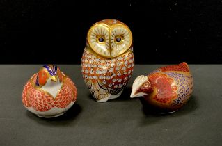 Royal Crown Derby Paperweights - Coot, and Pheasant, gold stoppers, Barn Owl, silver stopper, (3).
