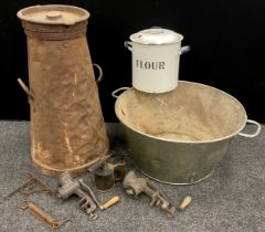 A vintage ‘Co-operative Wholesale Society’ milk churn, 74cm high; enamelled flour bin; etc