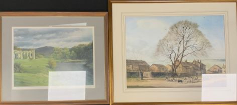 Alan Ingham, by and after, 'A Village in Derbyshire' print, 43cm x 60cm; H.Carlise 'Bolton Abbey'
