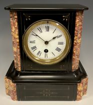 A 19th century belge noir and rouge marble mantel clock, eight- day movement, incised decoration,