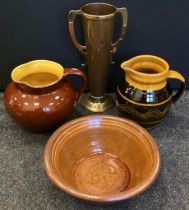 A Welsh studio pottery slipware jug, impressed marks, possibly John Haeady, ; small pancheon bowl,