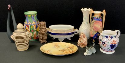 Ceramics - a Studio pottery lidded jar, Alaskan Bear and cub figure, south American pipe, Belleek