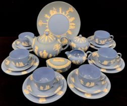 Wedgwood blue jasperware tea service for six including; six tea cups and saucers, tea pot, sugar