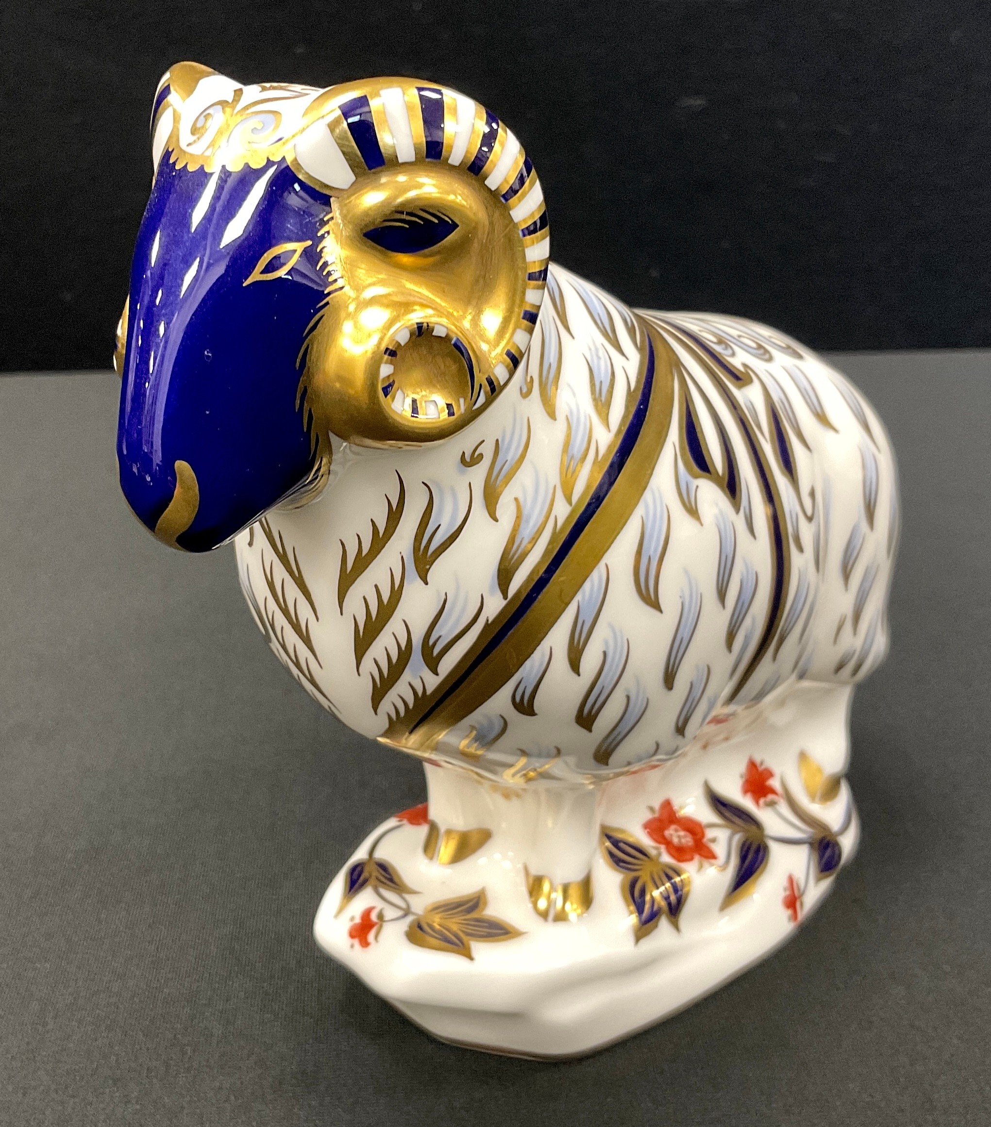 Royal Crown Derby paperweight Ram, gold stopper, 14cm