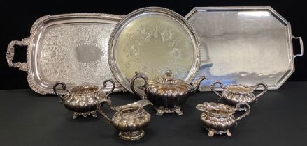 A large Art Deco Walker & Hall silver plated twin handled tray, 64cm x 40cm, another floral 67cm x