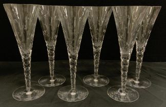 A set of six Jasper Conran by Stuart crystal champagne glasses, cut glass bubble decoration, 26cm