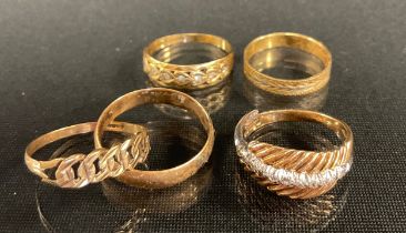 Rings - a 9ct gold cz dress ring, others wedding band, two tone ring etc, 9.4g gross (5)