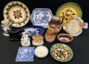 Ceramics - continental maiolica plates, Doulton Stoneware jug, Staffordshire pastille burnet,