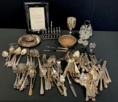 Silver & silver plate bottle stands, assorted flatware, toast rack, salt, pepper etc