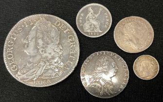 Coins - a George II silver shilling, 1745; George III sixpence 1787, George III threepence, 1762;