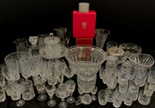 A quantity of cut glass including; large cut glass wine cooler,33cm dia, wine glasses, sherry