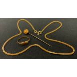 A yellow metal herringbone link necklace, stamped 750 *214 AR, 4.9g; 15ct gold floral tie pin, 0.
