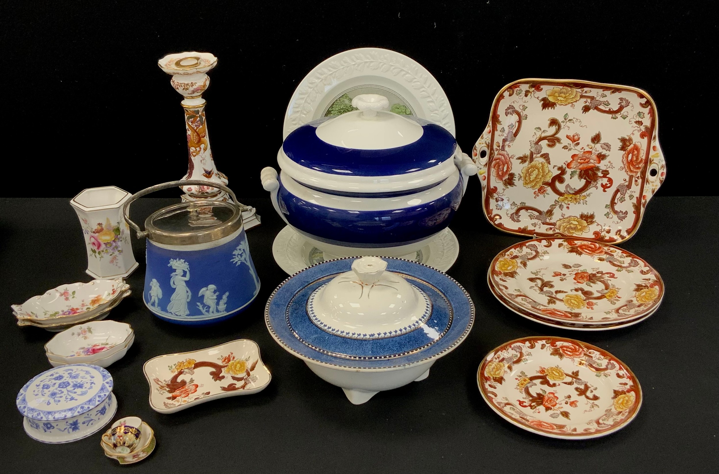 A Royal Crown Derby 'Old Avesbury' candlestick, 27cm high, 'Derby Posie' trinket trays and other;