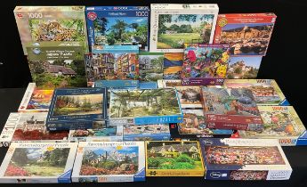 A quantity of jigsaw puzzles, 1000 pieces, 'Cotswold Cottage Garden',' Harbour View',' Paris