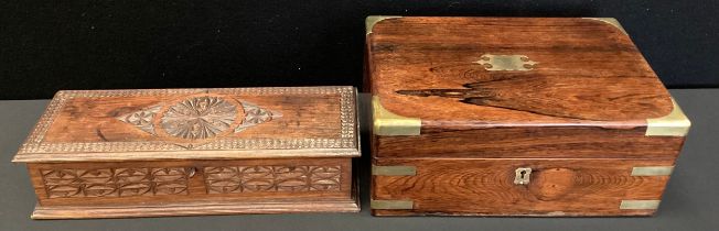 A Victorian brass bound rosewood jewellery box; carved oak glove box (2)