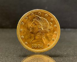 A United States of America gold Liberty head "Eagle" ten Dollar coin, 1894, Philadelphia mint, 16.8g