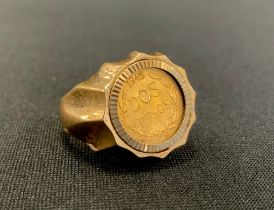 A 1945 Dos (2) Pecos coin set signet ring, 9ct gold mount (cracked),London 1975, 8.2g gross