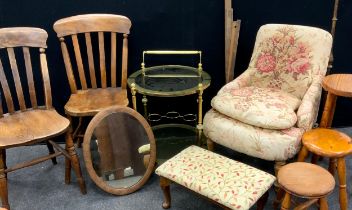 A pair of late 19th century elm lathe back chairs, pine milking stools, nursing chairs, drinks