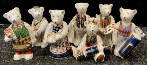 Royal Crown Derby teddy paperweights including ; The Cricketer, Painter, Golfer, Florist, Baker (7)