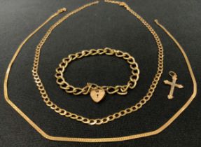 A 9ct gold bracelet, padlock clasp, 9ct gold necklace etc, 19.3g