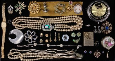 Jewellery - a Silver Anchor brooch, marcasite earrings, floral brooches, simulated pearls, etc