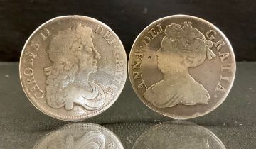 Coins - A Charles II silver crown, 1676; a Queen Anne silver crown, 1713, 57.9g (2)