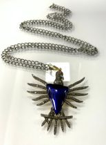 A large enamel diamond and ruby abstract bird pendant necklace, cobalt blue body, pave rose cut