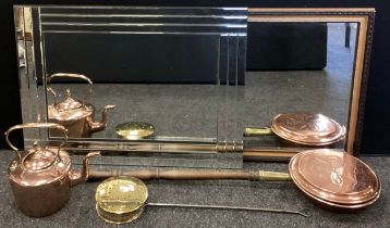 A modern design glass wall mirror, another, 19th century brass chestnut roaster, copper kettle etc.