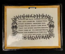 A Victorian ceramic plaque printed inscription 'SWIFTLY SEE EACH MOMENT FLIES, SEE AND LEARN BE